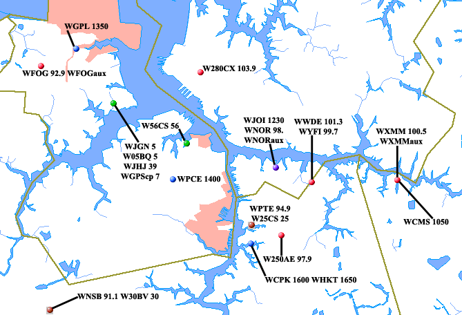 Hampton Roads - Southside Downtown Close-up � Transmitters Map