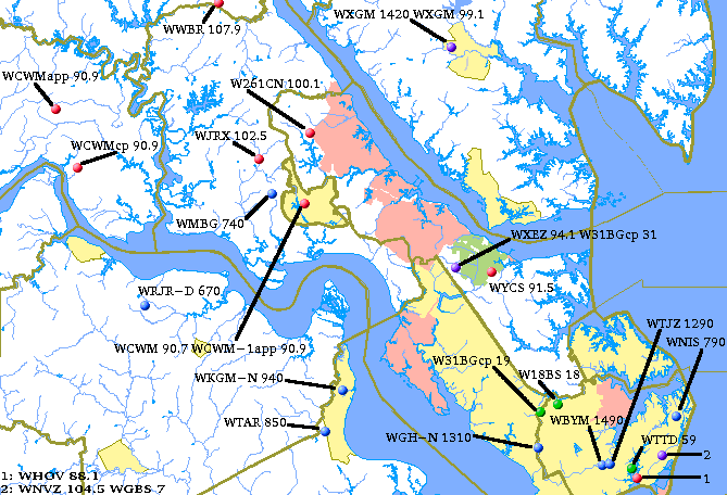 Hampton Roads - Peninsula  Transmitters Map